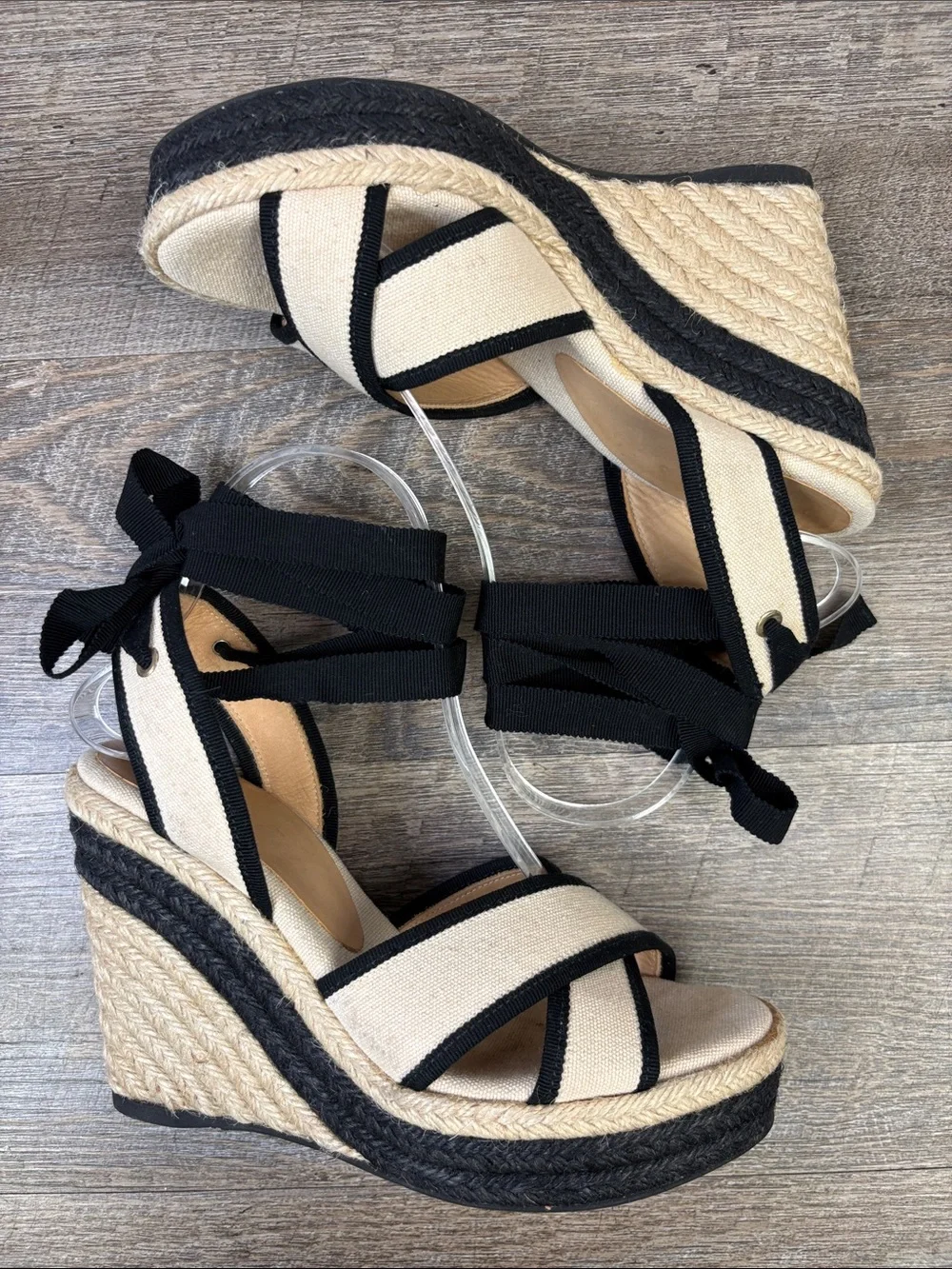 Castañer Canvas Espadrille Wedge Sandals Black Ivory Ankle Tie Size 38